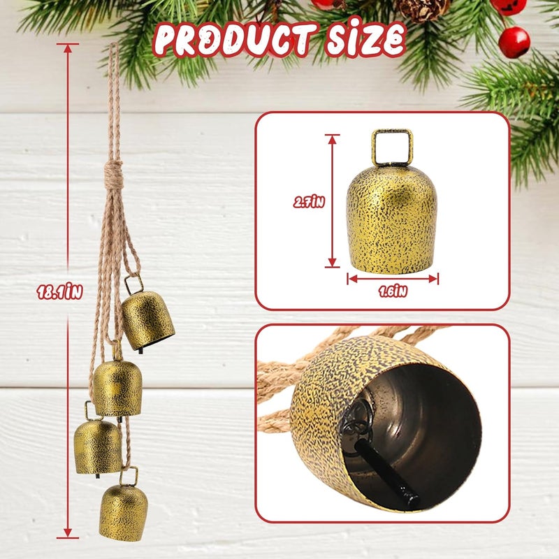 SUNYEAH Christmas Bells for Decoration, Gold Metal Vintage Cow Bells with Jute Hanging Rope, Decorative Cow Bell for Weddings, Parties, Christmas Wreath - Image 2